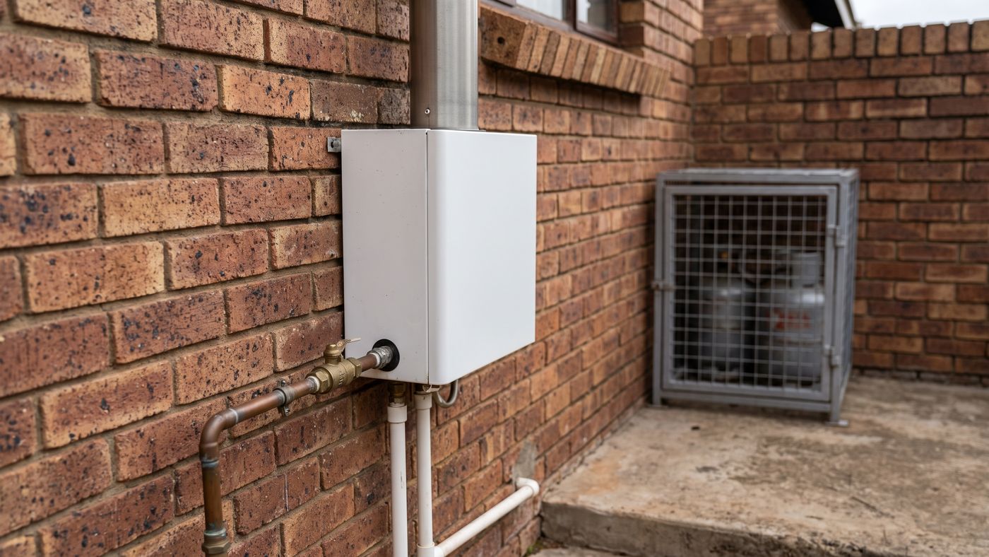 Gas water heater on a face-brick outside wall with a copper gas line and cylinder cage behind it