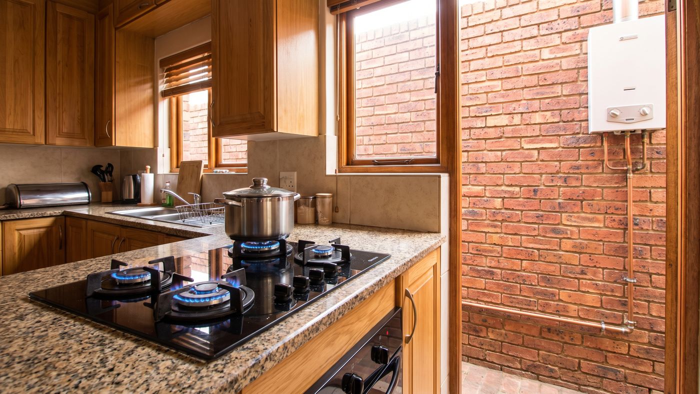 Kitchen with a lit gas hob and a gas water heater on the outside wall
