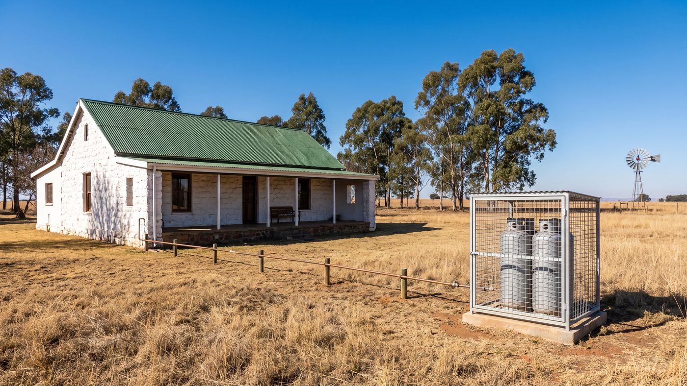 Caged 48 kg gas cylinders on a smallholding with a gas line to the house